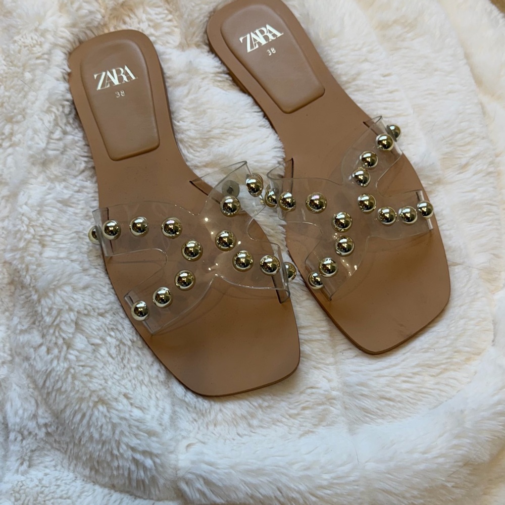 Zara Beige Clear Studded Slide Sandals - Picture 2 of 11